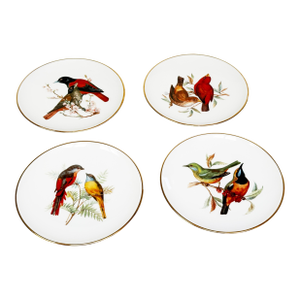 Vintage Mid Century German Kula Porzellan Bavarian Bird Plates With Gold Rims - 4 Pieces