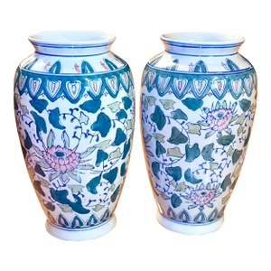 Pair of Vintage Chinese Hand Painted Floral Chinoiserie Vases