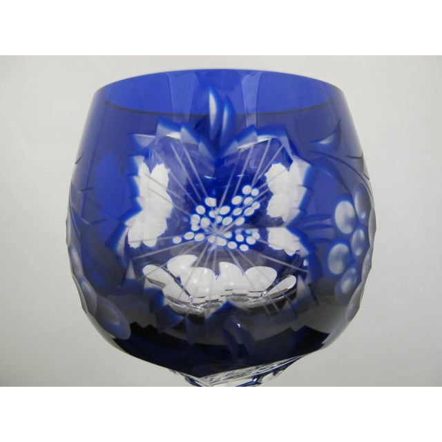 Bohemian Cobalt Blue & Red Grape Cut Crystal 8 1/2" Hock Wine Glass Pair For Sale - Image 10 of 15