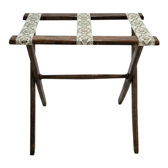 Vintage Wood Folding Luggage Stand W/Decorative Woven Tapestry Straps For Sale