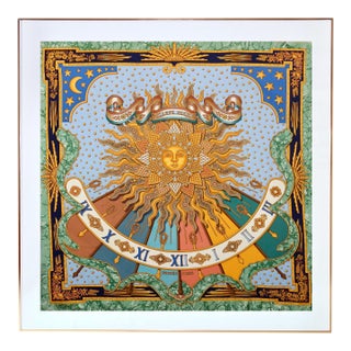 1990s Framed Hermès Silk Scarf "Carpe Diem" by Joachim Metz - Orange Gold Frame For Sale