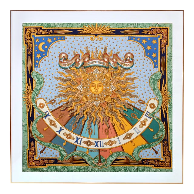 1990s Framed Hermès Silk Scarf "Carpe Diem" by Joachim Metz - Orange Gold Frame For Sale