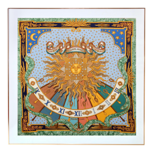 1990s Framed Hermès Silk Scarf "Carpe Diem" by Joachim Metz - Orange Gold Frame