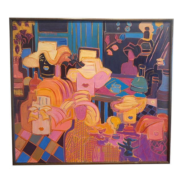 1970s Vintage Colorful Pink Still Life Painting by Molly Schiff, Framed For Sale