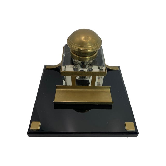 Black Art Deco Lacquered Desk Set with Brass Bound Bevelled Glass Inkwell, Set of 4 For Sale - Image 8 of 18
