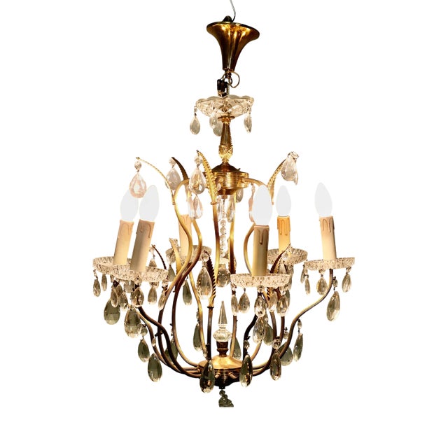 Vintage French Crystal and Brass Chandelier, 1950 For Sale