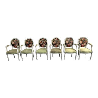 1970s Set of 6 Louis XVI Medallion Back Dining Arm Chairs For Sale