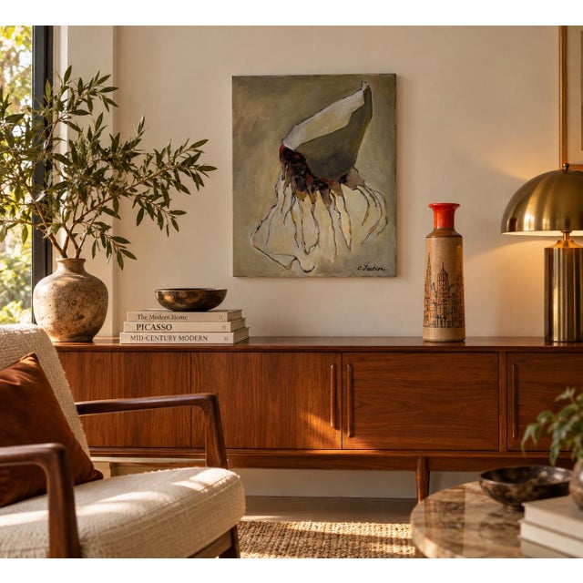 Striking 1970s expressionist abstract oil painting on canvas, signed C. Jackson in the lower right corner. The vertical...