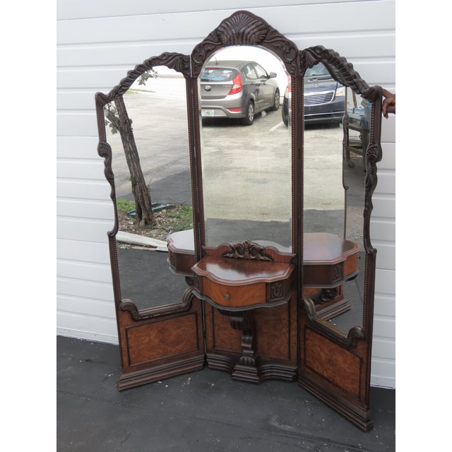 1920s Carved Tri Fold Vanity Makeup Dressing Table and Stool 6454 For Sale - Image 17 of 18