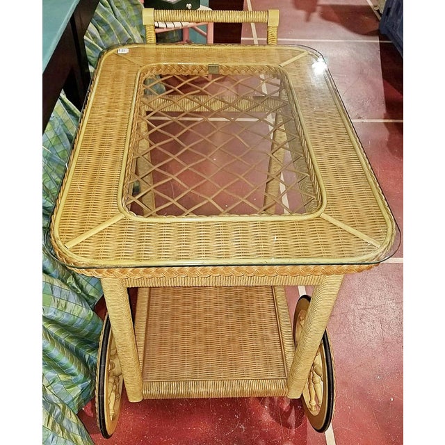 Coastal 1970s Wicker Bar Tea Cart For Sale - Image 3 of 10