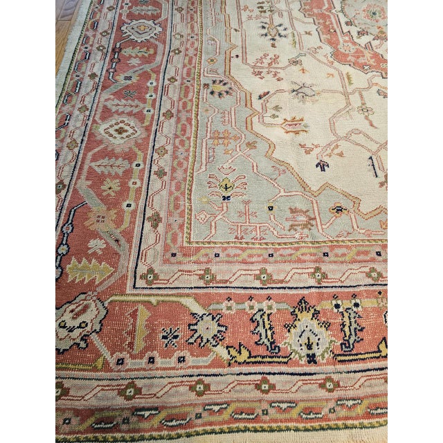 Vintage Turkish Oushak Rug, Hand-Knotted Geometric Pattern, Ivory & Brick Red, 12' X 14' For Sale - Image 9 of 13