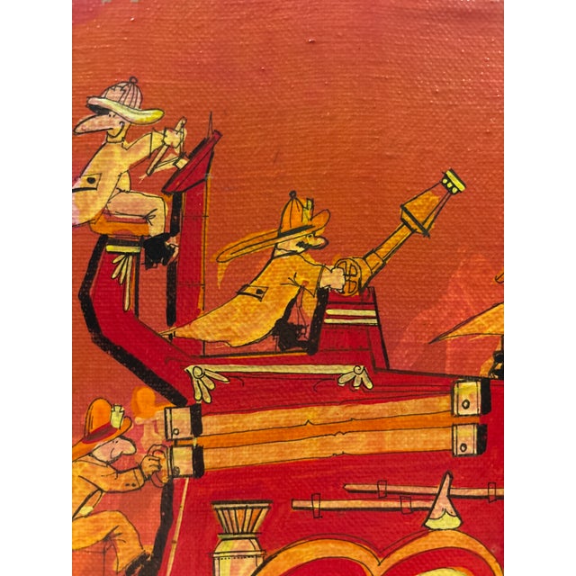 Pair of Vintage Post Modern Signed 1972 Whimsical Folk Paintings on Stretched Canvas – Fire Truck & Marching Band (Pair For Sale - Image 15 of 18