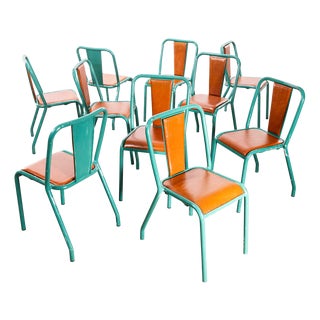 Tan Rexine T37 Dining Chairs with Sea Green Frames from Tolix, 1950s, Set of 10 For Sale