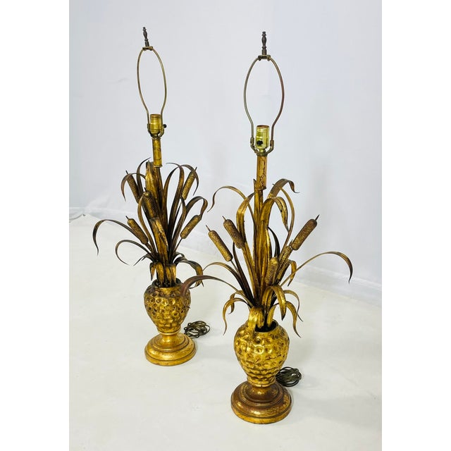 Maison Jansen Pair of Maison Jansen Style Gilt Metal Lamps With Cattail Motif – France 1950's For Sale - Image 4 of 12