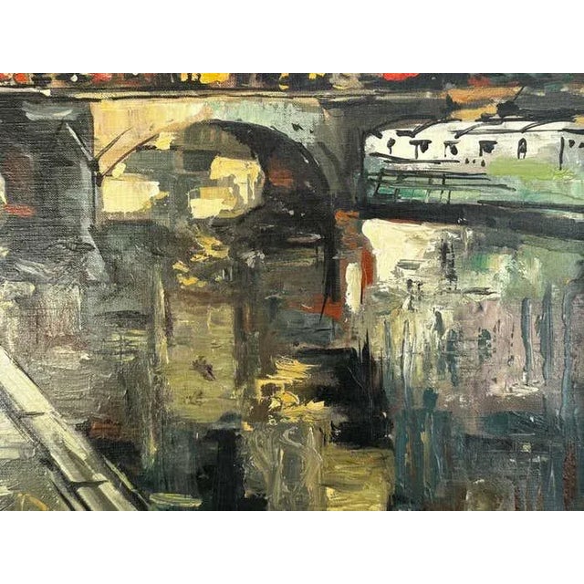 Greige "Embankment of the Seine River" Parisian Cityscape Oil Painting by Pierre Giraud For Sale - Image 8 of 8