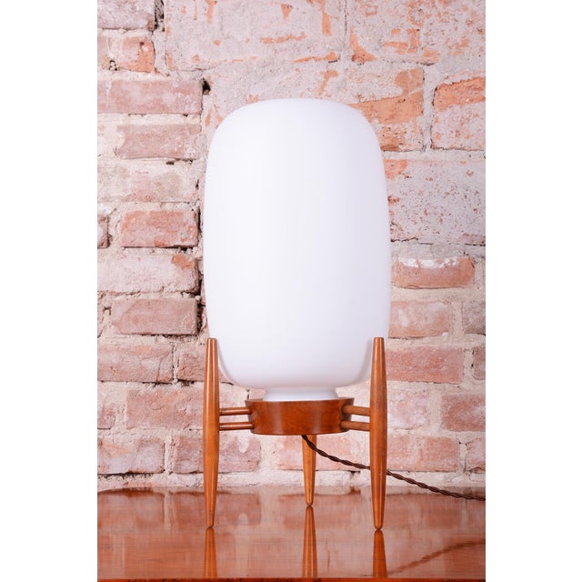 Mid-Century Modern Mid-Century Czech Table Lamp in Opaline Glass and Wood attributed to Úluv Krásná Jizba, 1950s For Sale - Image 3 of 11