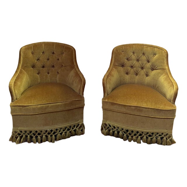 Napoleon III Toadstool Armchairs in Mustard Yellow Velvet, Set of 2 For Sale