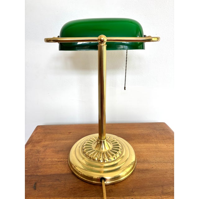 American Vintage Brass Emeraldite Shade Bankers Lamp For Sale - Image 3 of 7