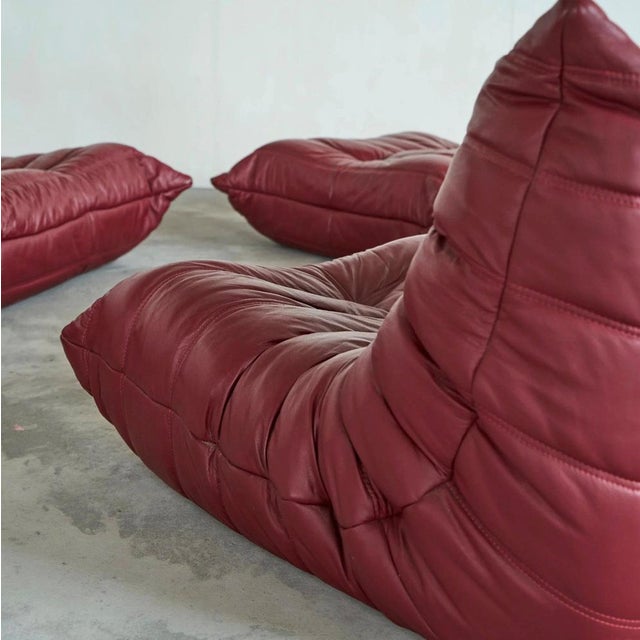 Togo Modular Sofa in Oxblood Red Leather attributed to Michel Ducaroy for Ligne Roset, 2000s, Set of 4 For Sale - Image 3 of 18