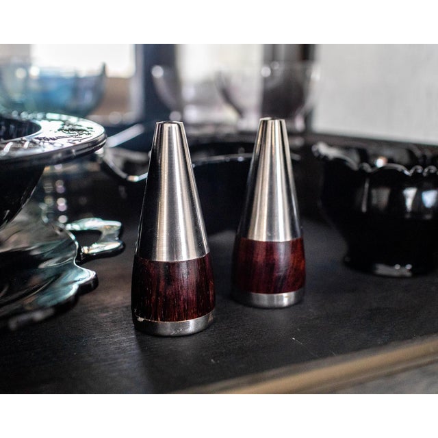 Stainless Steel on Rosewood Modernist Salt and Pepper Shakers (marked Denmark)