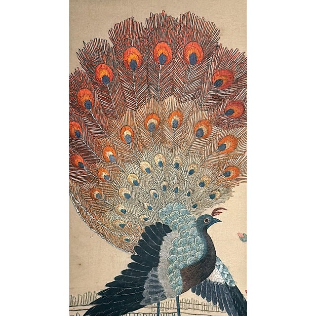 Wood Antique Chinese Silk Embroidery Panel With Peacocks, Peonies, and Bamboo For Sale - Image 7 of 18