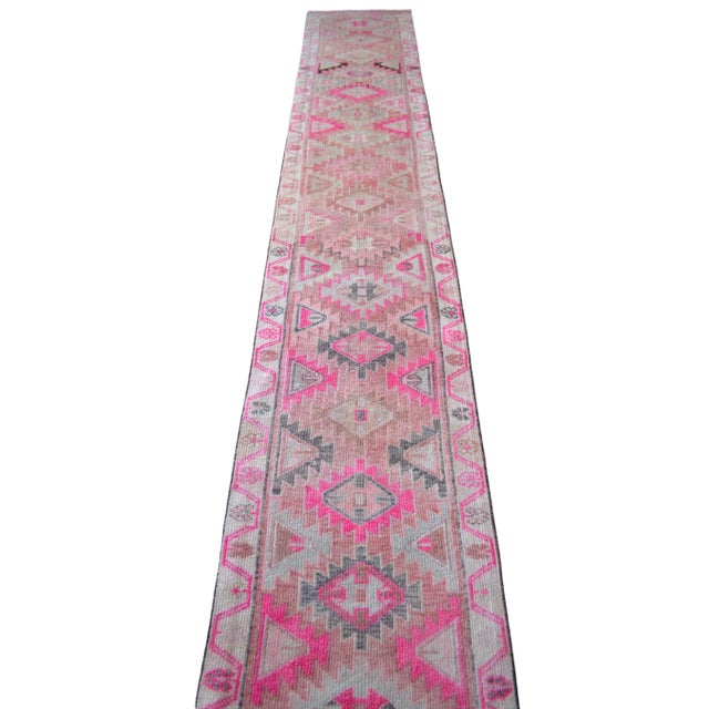 1970s Hand-Knotted Turkish Runner Rug Tribal Narrow Long Runner - Sun Faded Shaved Pile - 2′2″ × 13′ For Sale - Image 6 of 13
