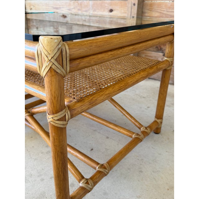 Pair of Vintage McGuire Organic Modern Rattan Side Tables With Cane Shelves and Glass Tops For Sale - Image 9 of 12