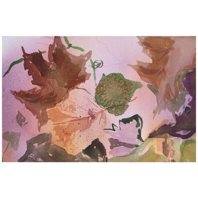Colorful study of grape leaves in autumn with abstracted elements and a pink/magenta background by California artist Les...