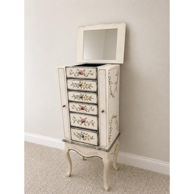 White Hand-Painted Floral Jewelry Armoire Cabinet With Mirror & Storage For Sale - Image 8 of 10