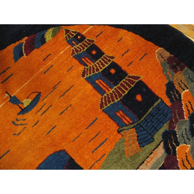 1920s Orange Scene Pictorial Antique Oval Chinese Art Deco Rug 4.06 X 4.1 Handknotted Wool Carpet For Sale In New York - Image 6 of 6