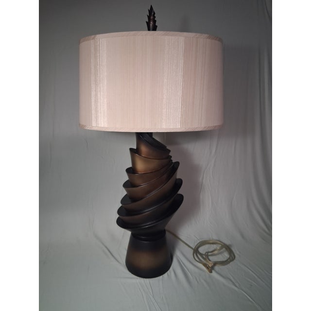 Vintage Brass / Bronze look sculptural table lamp with an oval shade. No maker's marks & appears to have been re-wired and...