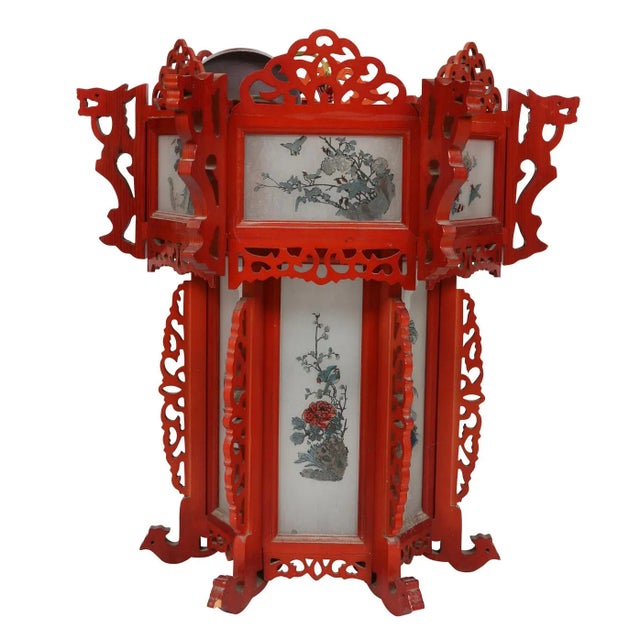Asian Vintage Asian Red Painted Lantern With Scenic Panels For Sale - Image 3 of 3
