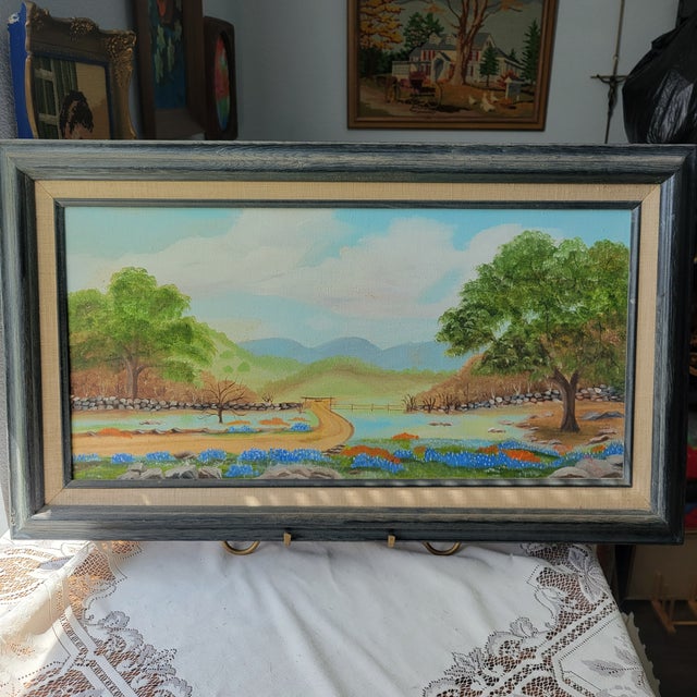 Impressionist 1980s Tx Bluebonnets Landscape Oil Painting Signed 29x17" Frame Linen Matt 24 X 12 Art For Sale - Image 3 of 16