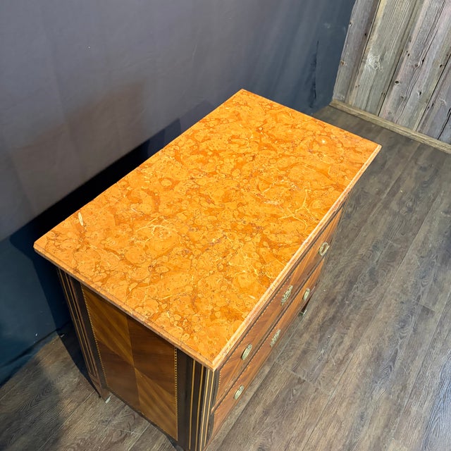 French Neoclassical Louis XVI Marble Top Parquetry Chest of Drawers For Sale - Image 10 of 13