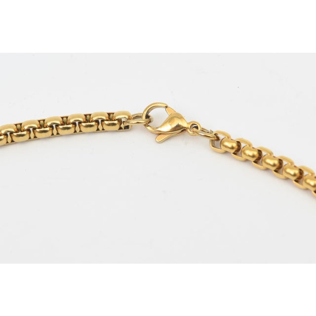 Metal Gold Plated Pendant Necklace by Charles Allen With Large Glass Blue Opalescent Stone, 1980's For Sale - Image 7 of 10