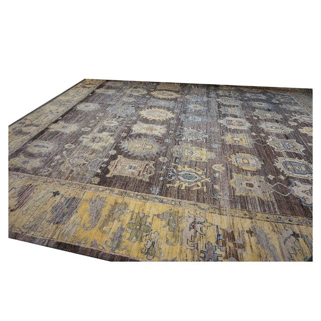 21st Century Turkish Oushak Wool 19x20 Charcoal, Yellow & Blue Oversized Handmade Area Rug #1144068 For Sale - Image 4 of 18