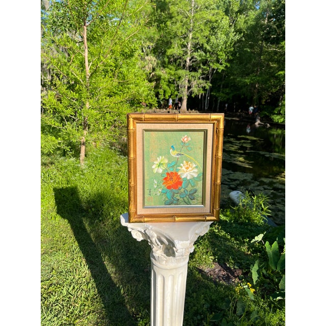 Original Japanese watercolor Florals and birds concept Hand painted and signed Bamboo Design Frame Cork Print 1970-1980