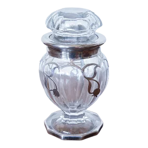 Vintage Art Nouveau Lidded Glass Jar With Applied Silver Filigree Scrollwork and Stopper