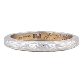 Anitque Caldwell Band 18k White Gold Wheat Etched Wedding Ring Size 6.5 Engraved For Sale