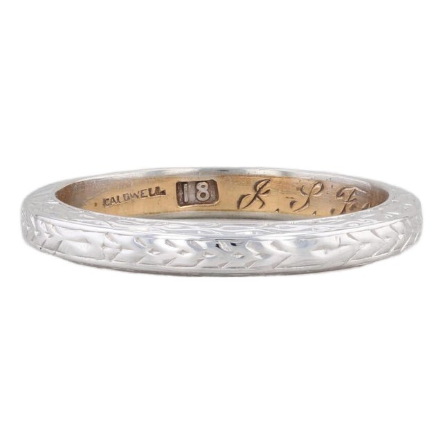 Anitque Caldwell Band 18k White Gold Wheat Etched Wedding Ring Size 6.5 Engraved For Sale