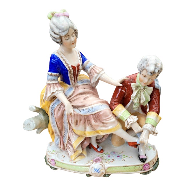 Hand-Painted Porcelain Figurine Group of Italian Rococo Courtship Scene in the 18th-Century from Gräfenthal, Germany, 1960s For Sale