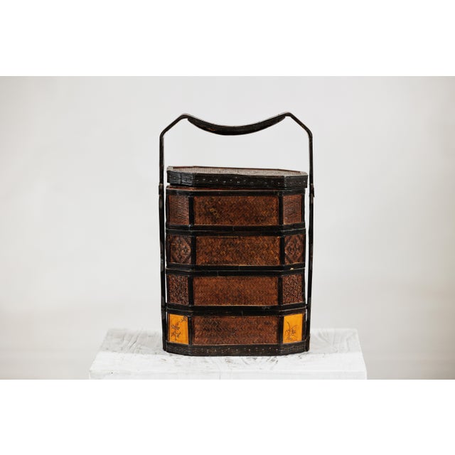 Wood Mid 20th Century Chinese Hexagonal Four-Tier Woven Bamboo Basket with Carved Handle For Sale - Image 7 of 18