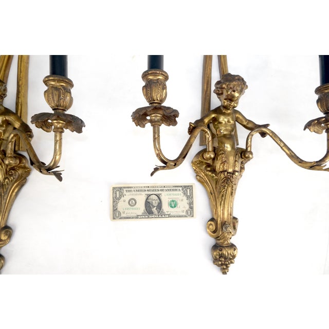 Pair Antique Gilt Bronze Two-Light Wall Sconce w/ Cherub Louis XVI Style NICE For Sale - Image 12 of 12