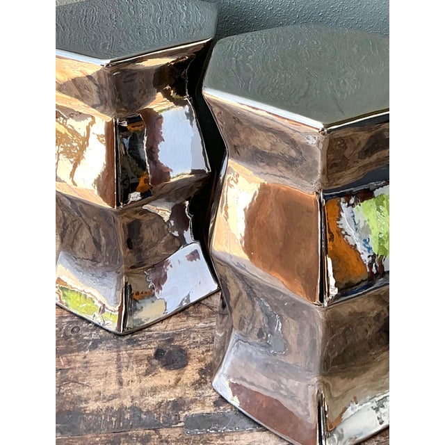 Vintage Faceted Metallic Glaze Low Stools - A Pair For Sale - Image 12 of 18