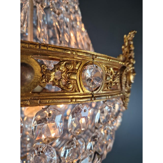 Metal Putti Face Empire Chandelier Crystal Gold Basket Antique Brass Classic For Sale - Image 7 of 11