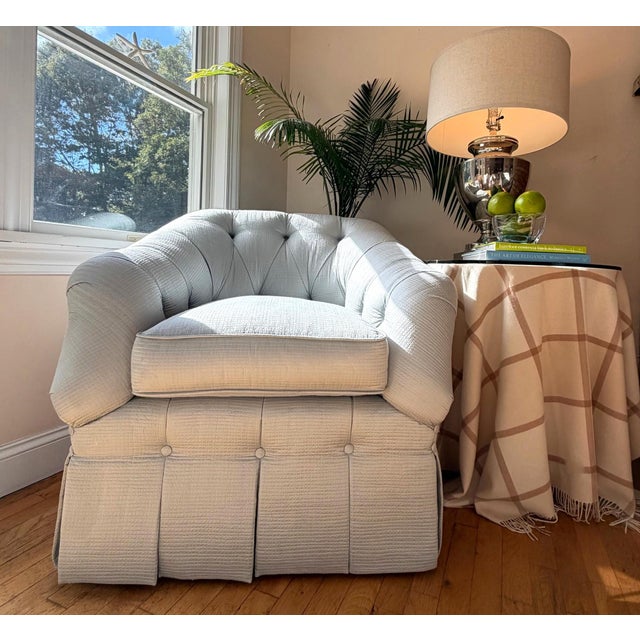 Sky Blue Custom Swivel Tufted Armchair and Ottoman For Sale - Image 8 of 18