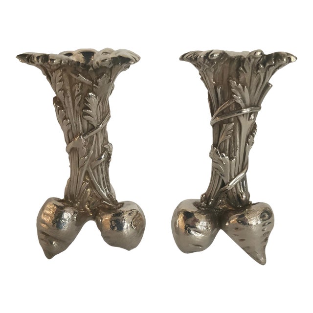 1960s Christofle Beet and Carrot Siver Plate Over Bronze Bud Vases- Set of 2 For Sale