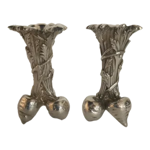 1960s Christofle Beet and Carrot Siver Plate Over Bronze Bud Vases- Set of 2