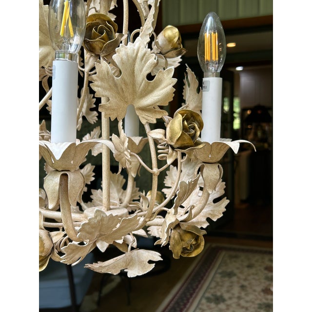 Hollywood Regency Vintage Tole Four Light Chandelier in Champagne and Gold For Sale - Image 3 of 5