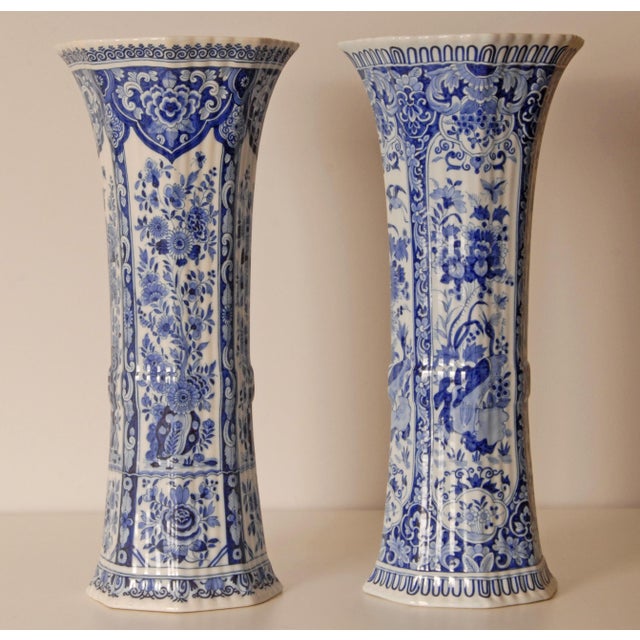 Antique Pair of Delft Blue & White Trumpet Vases For Sale - Image 12 of 12